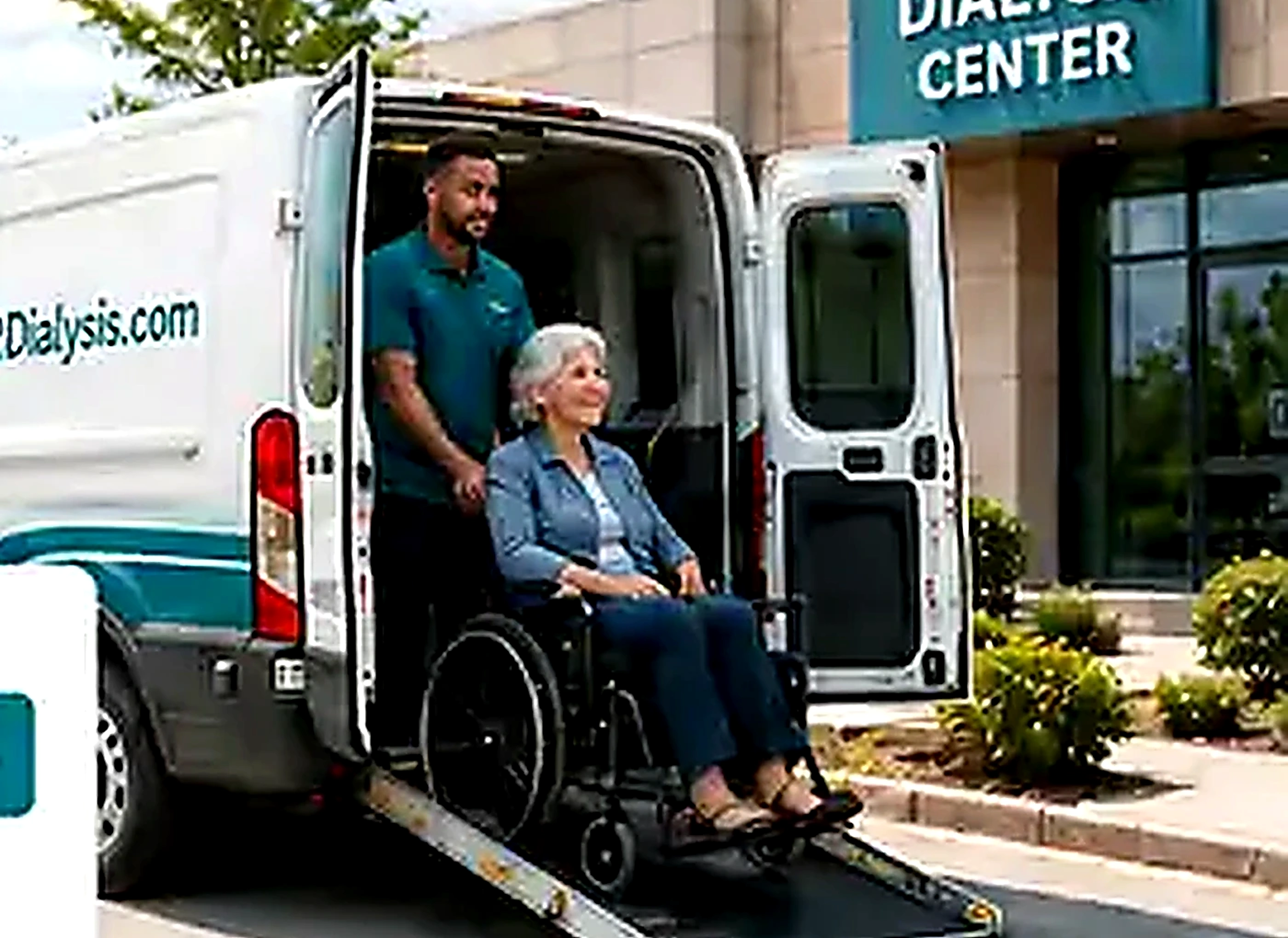 Accessible dialysis transportation van assisting a wheelchair passenger outside a dialysis center
